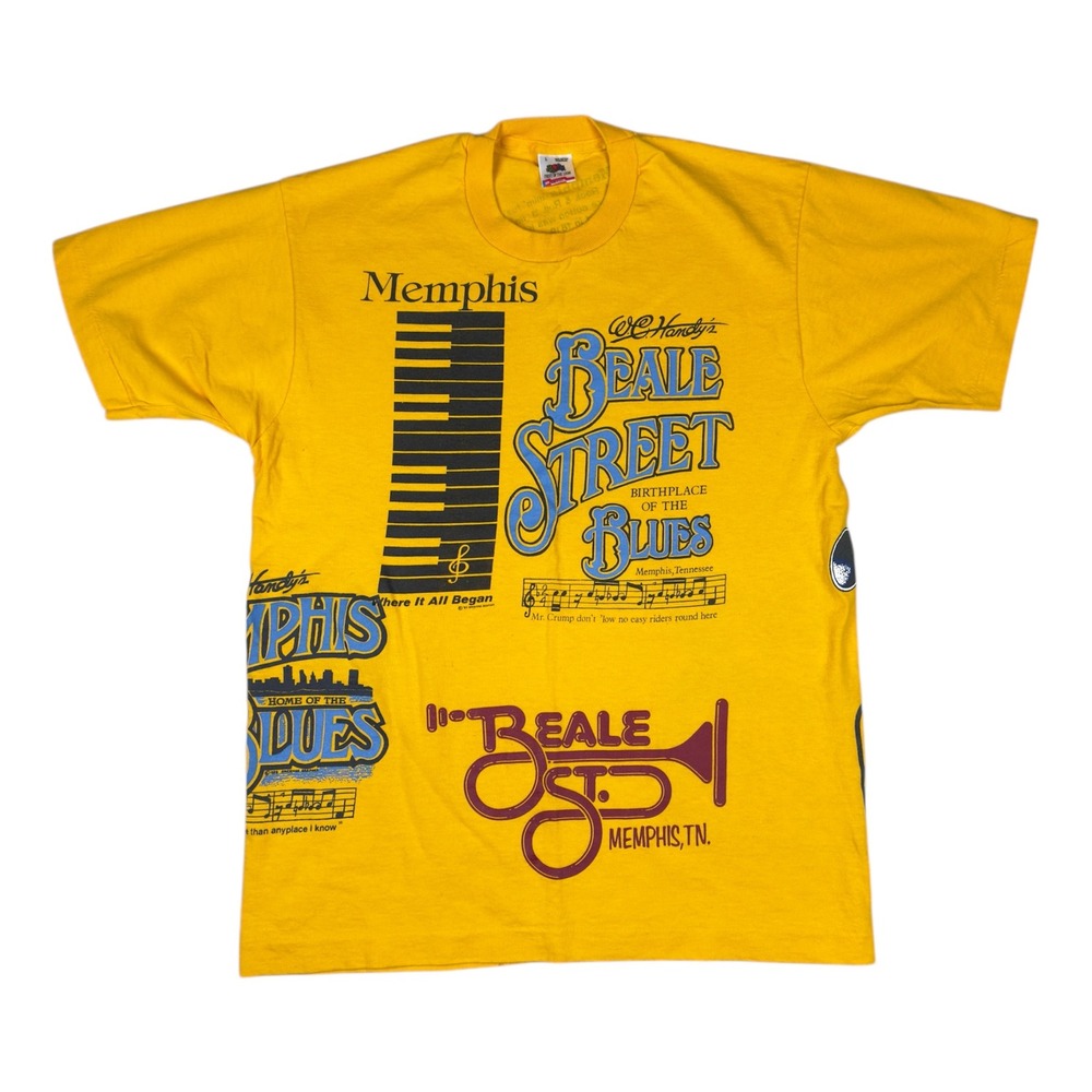 Vtg 1987 Memphis Beale Street Blues T-Shirt Men's L Yellow AOP USA Single Stitch